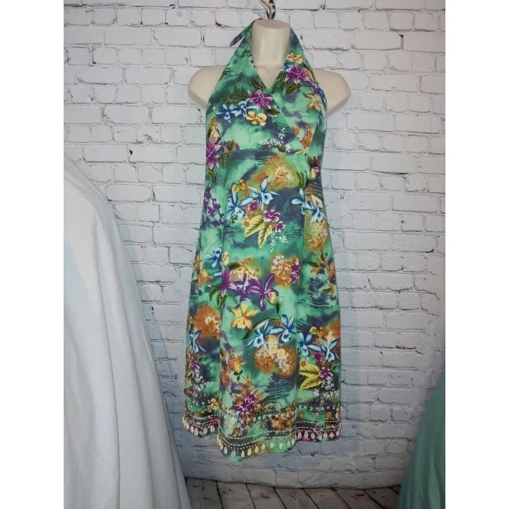 Haven Bleu VINTAGE NWT Womens Size Large Green Floral Halter Dress